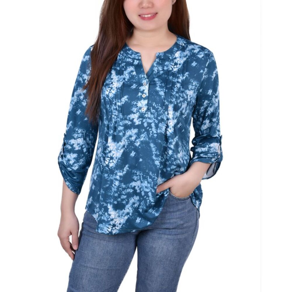NY Collection Petite Knit Jacquard 3/4 Sleeve Roll Tab Top